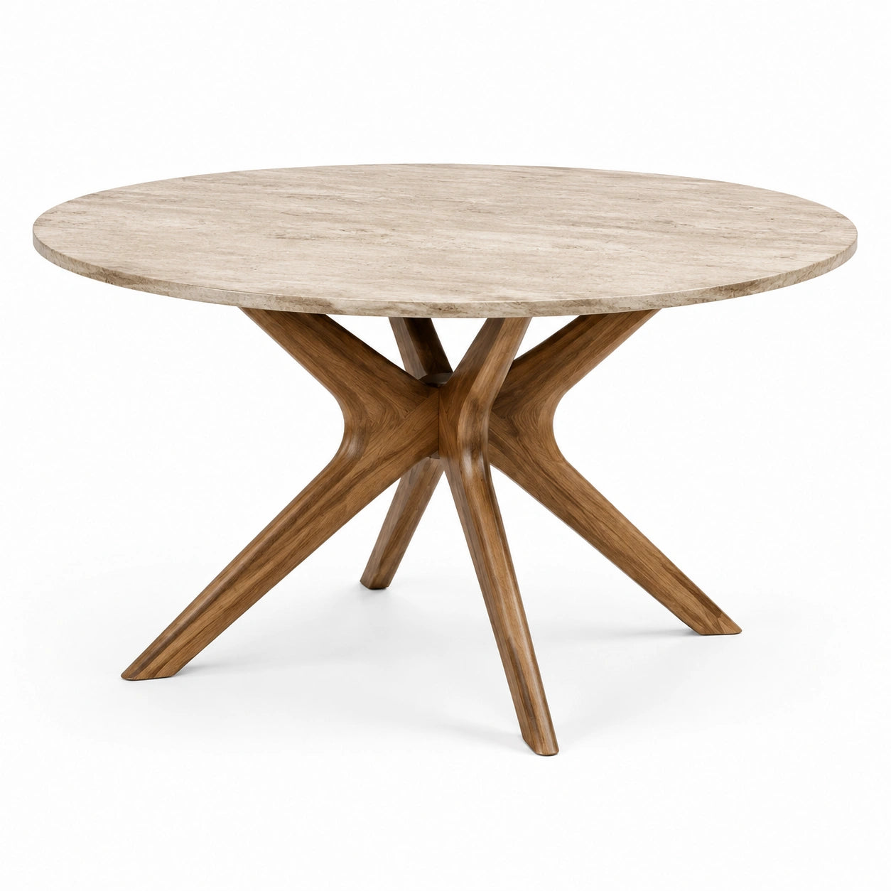 Runder Travertin-Tisch mit Holzbeinen 120 cm