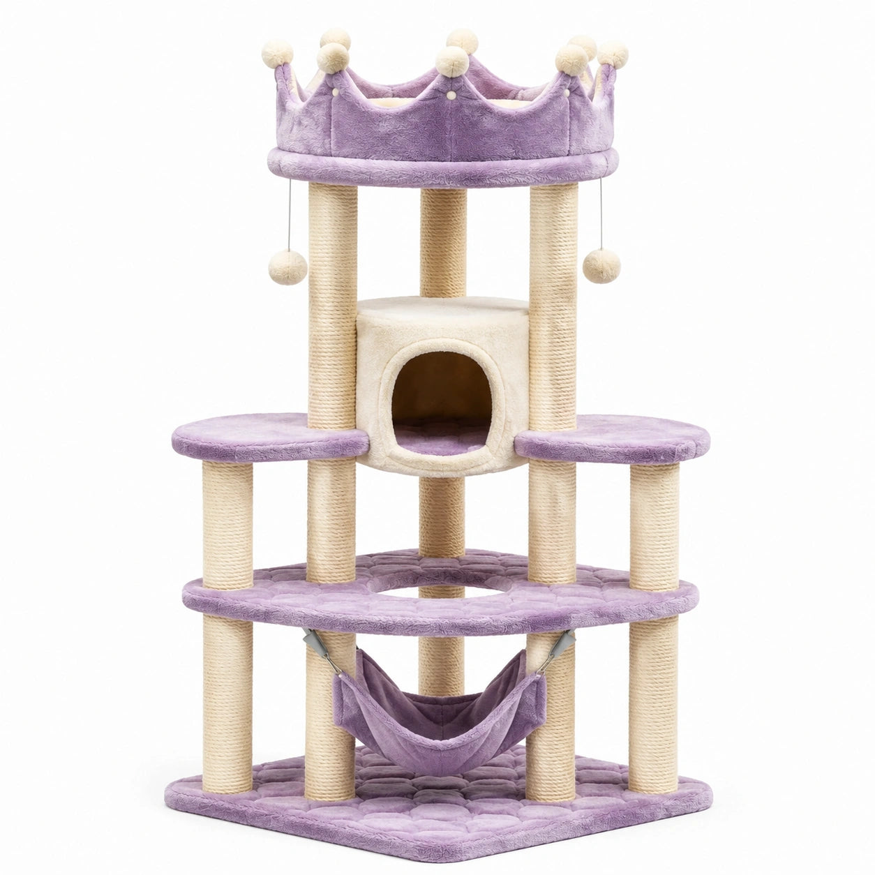 Kratzbaum Krone Design aus Plüsch und Sisal, Lila und Beige, 140 cm